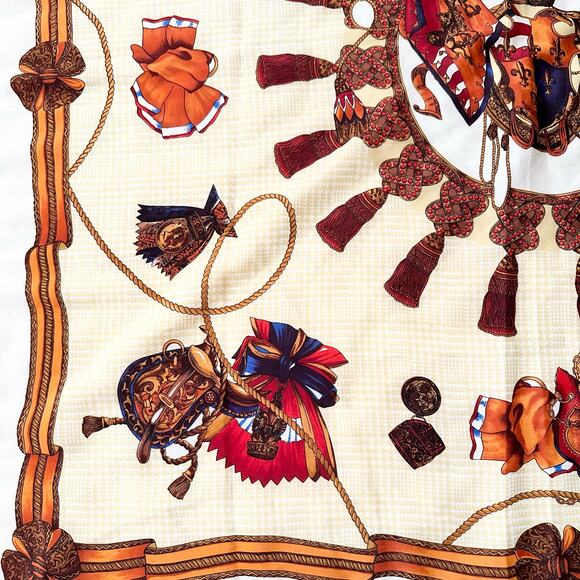 Hermes Vintage Silk Square Ribbon Rope Tassel Royal Crest Houndstooth Scarf - Picture 9 of 14